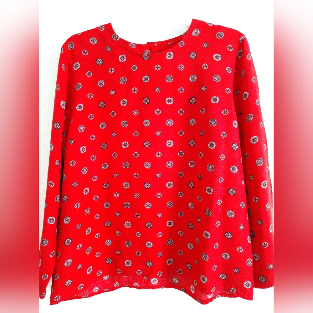 Vintage Chaus Petites Red Blouse Shirt Long Sleeve Size 12P 12 Petite Chest 36"
